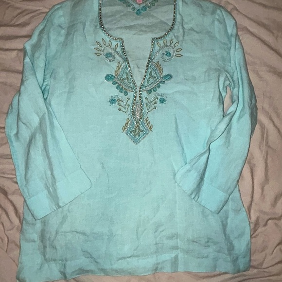 Lilly Pulitzer beaded tunic size small 100% linen turquoise - Picture 1 of 4